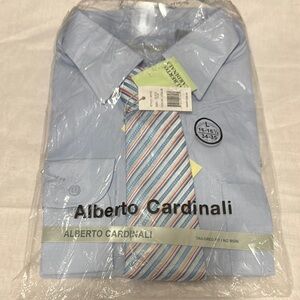 NWT Alberto Cardinali Light Blue Men's Shirt with Tie Size L 16-16-1/2 34-35